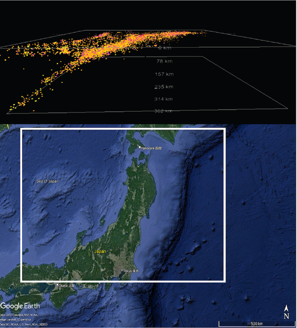 Ten thousand earthquake locations from 1980 to 2009 trace the Pacific Plate as it subducts under northern Japan. The top image is a side view showing the depth of the earthquakes beneath the rectangle on the map. Jaime Toro, CC BY-ND