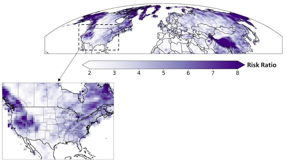 Rainfall intensity is projected to increase more in certain regions by the end of the 21st century, based on climate model data. Light colors show a twofold increase and dark colors indicate an eightfold increase in future rainfall extremes compared to the recent past. Mohammed Ombadi., CC BY-ND