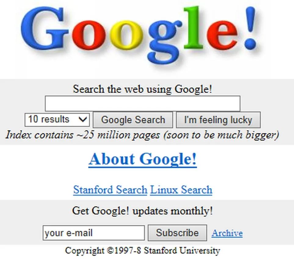 这是最初的谷歌搜索引擎的页面。